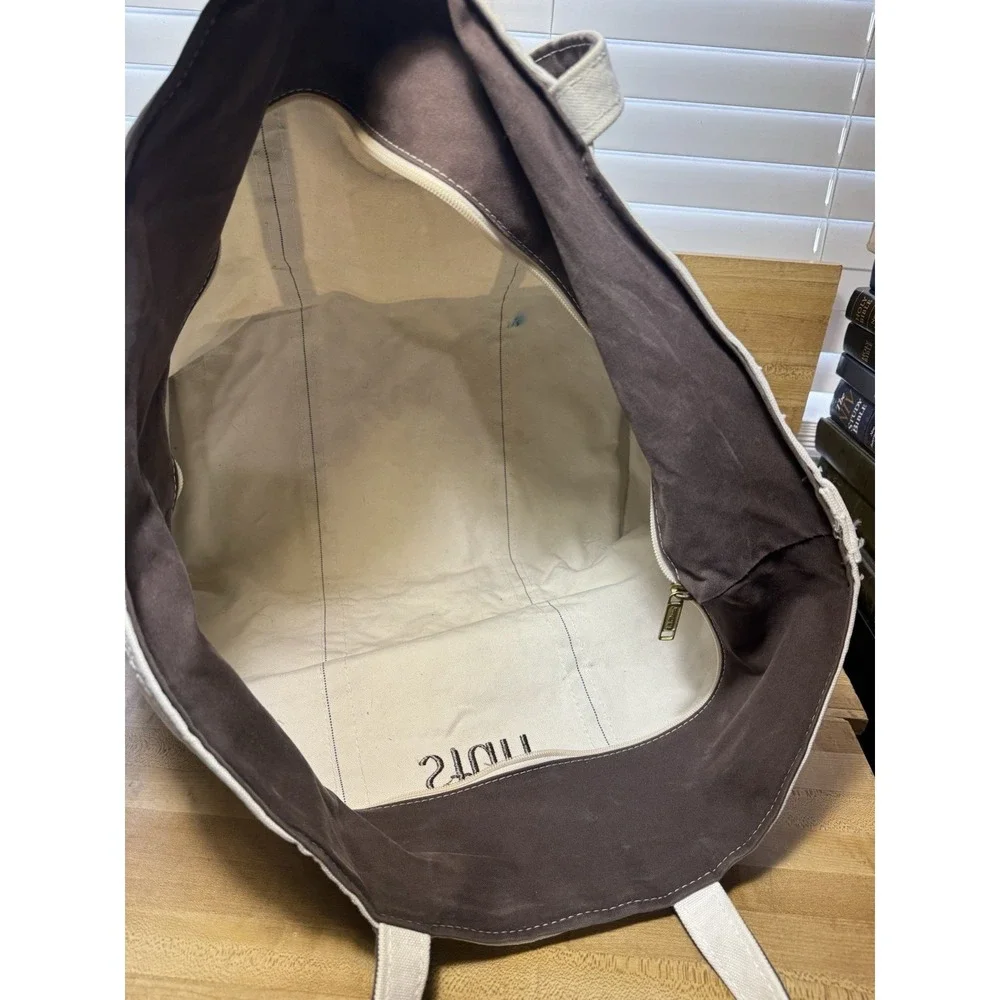 Vintage 90s LL Bean XL Boat & Tote Bag White/Brown Canvas Zipper USA Made
